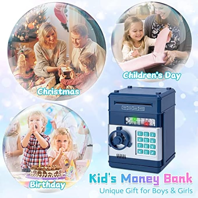 rayihni ELECTRONIC PIGGY BANK CODE LOCK FOR KIDS BABY TOY, MINI ATM SAFE COIN CASH BANKS REAL MONEY SAVING BOX WITH PASSWORD, AUTO MONEY SCROLL FOR CHILDREN,BOYS GIRLS BIRTHDAY (NAVY) - Image 3